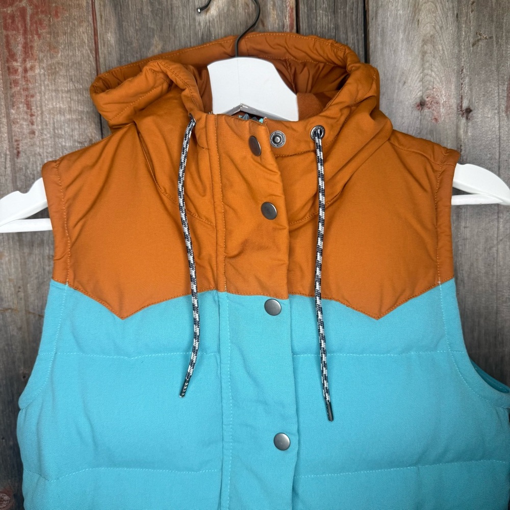 Patagonia Bivy Two-Tone Puffer Vest in Teal and Rust Mushroom Lining XS - Picture 4 of 11